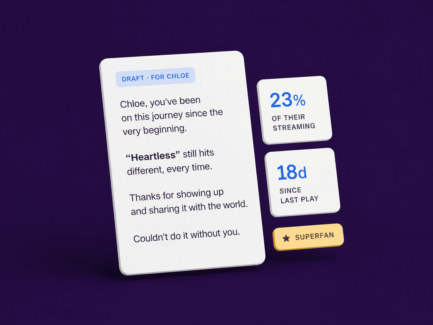 A fan's listening detail in Vida Pulse next to a drafted outreach message written specifically for that fan's situation.