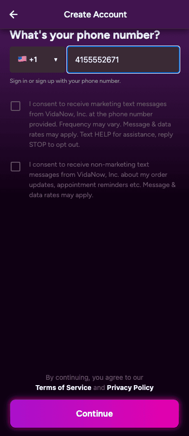 Account creation screen at app.vida.fan showing a phone number field and two unchecked SMS consent checkboxes, marketing and non-marketing