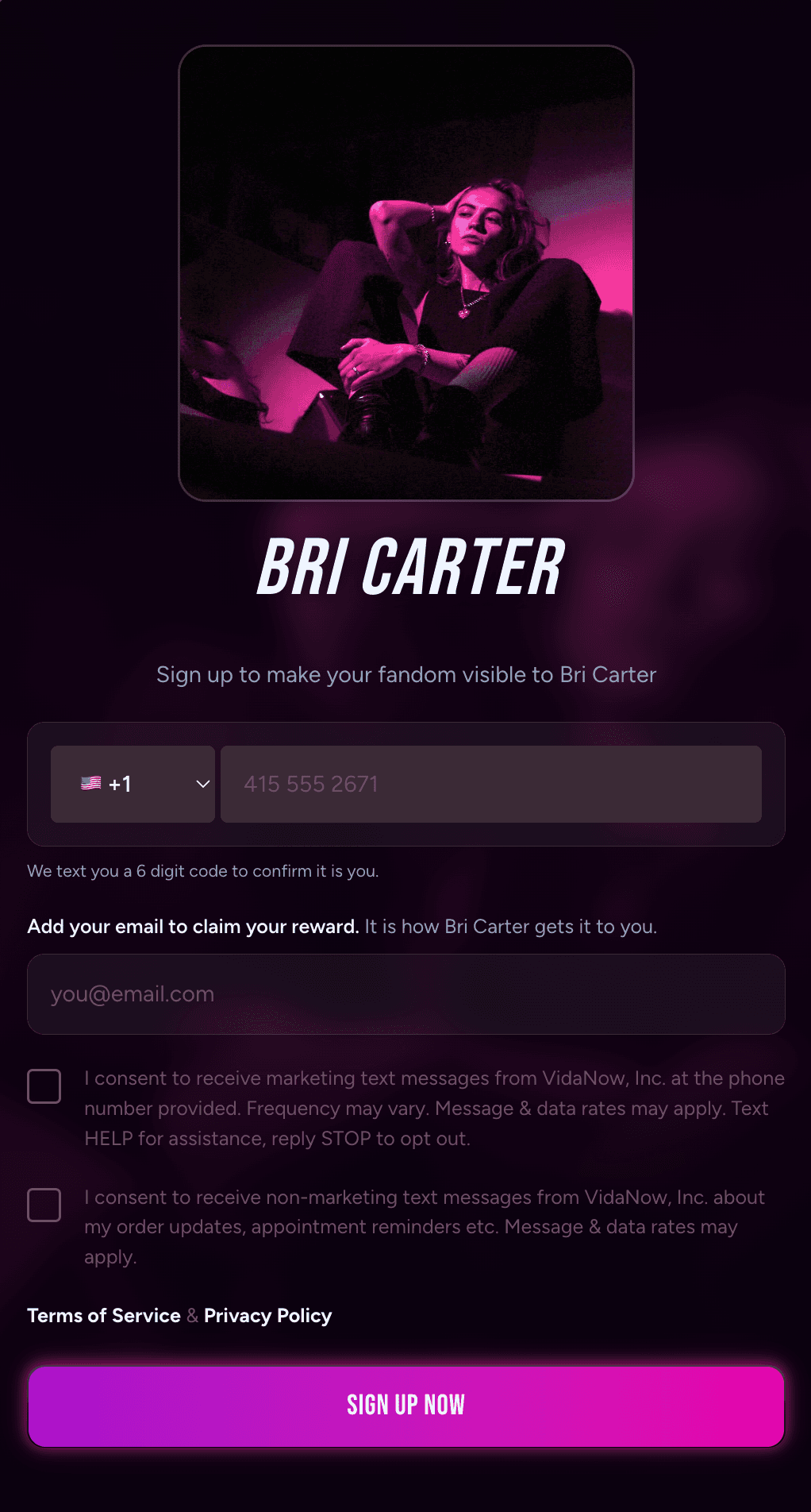 Artist sign-up page at app.vida.fan showing a phone number field, an email field, both SMS consent checkboxes unchecked, links to the Terms of Service and Privacy Policy, and the SIGN UP NOW button