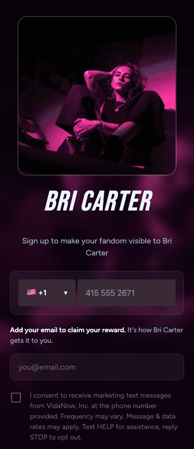 Artist sign-up page at app.vida.fan showing a phone number field, an email field, and an unchecked marketing SMS consent checkbox